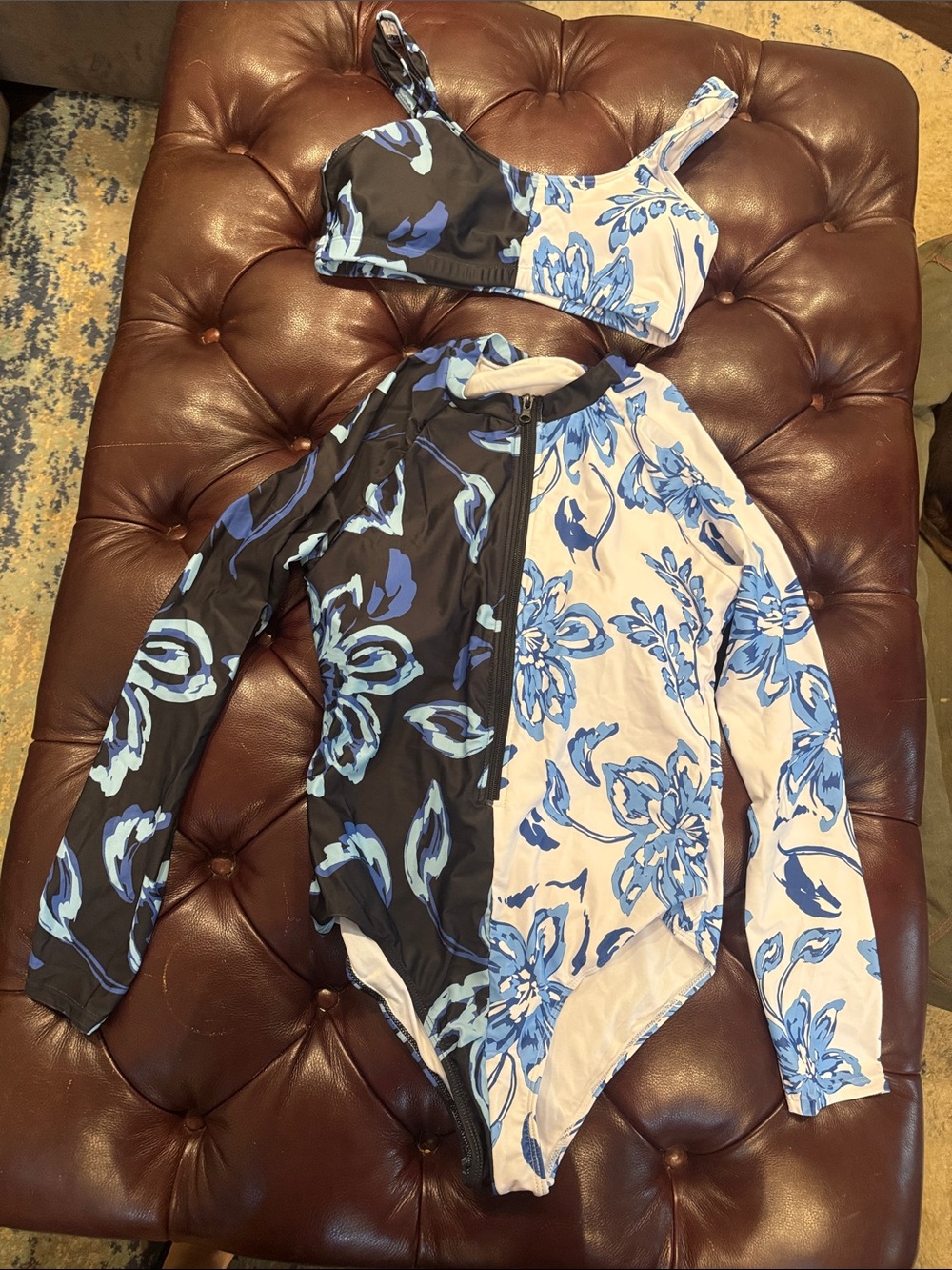 Swimsuits For All Blue Floral Zip-Front Long Sleeve One-Piece
